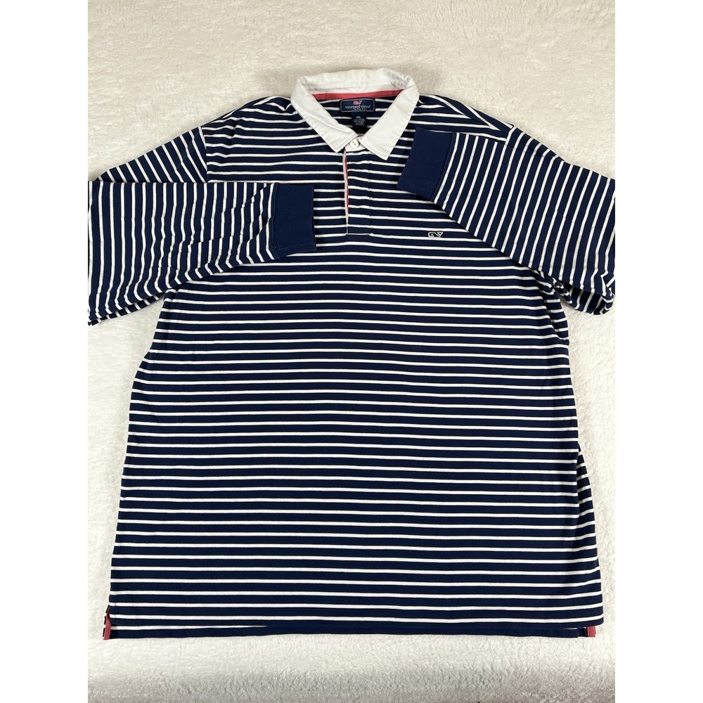 Vineyard Vines White & Navy Blue Striped L/S Rugby Shirt Men's XXL Heavy Cotton - Picture 2 of 7